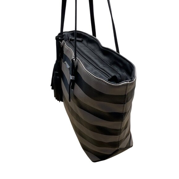 Nine West Taupe & Black Striped Faux Leather Black Tassel Detail Tote Bag Sz L - Picture 4 of 14